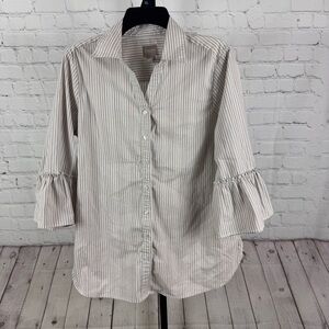 Chico’s Tan and White Striped Button Down Ruffle Sleeve Top Size 1 Medium